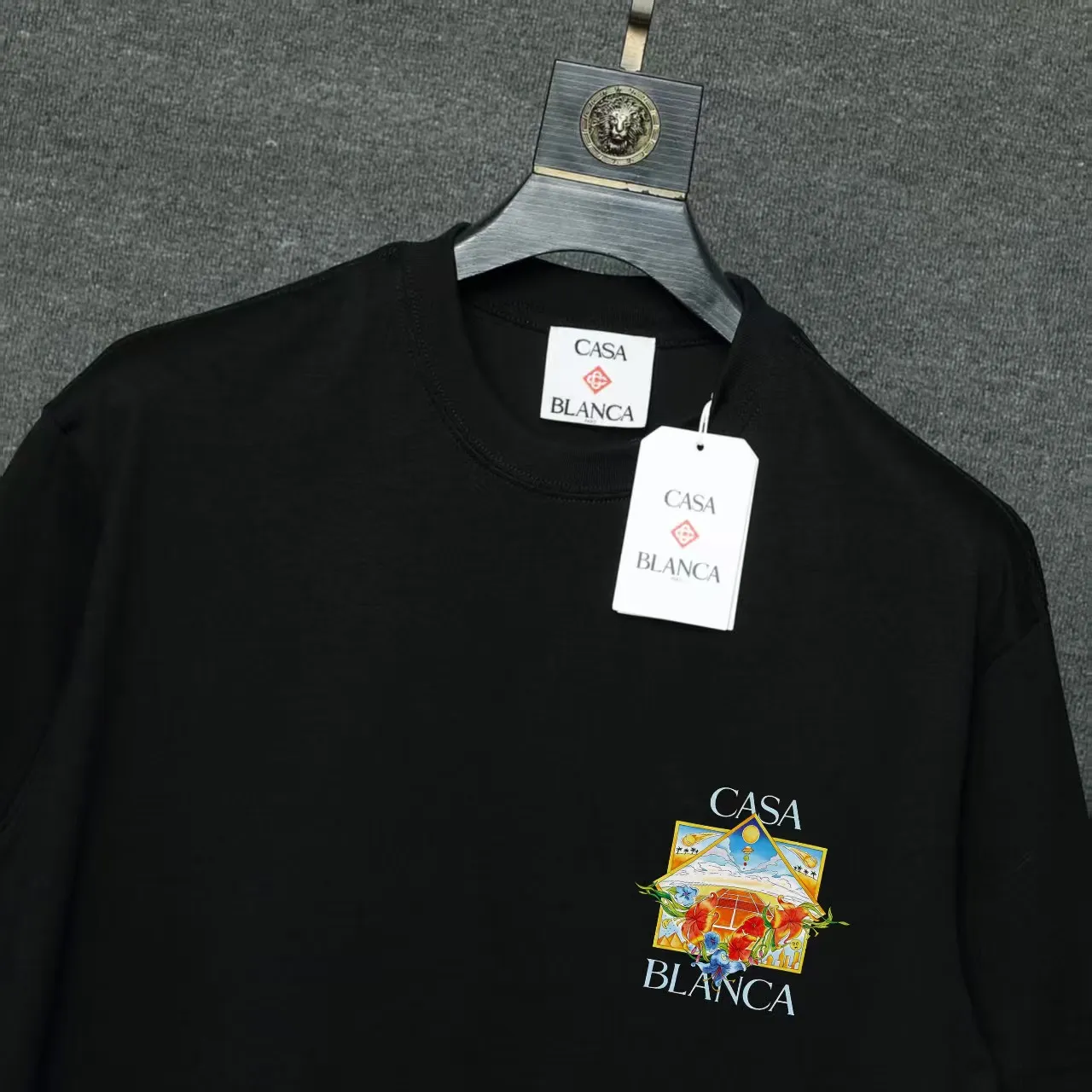 26ss CASABLANCA original printing process short-sleeved T-shirt original development using high-density double yarn pure cotton fabric upper body soft and comfortable color Black White Dark Green color Orange Pink Blue Royal Blue color cigarette powder 8 colors Sizes S M L XL